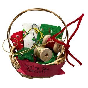 Christmas tree ornament sewing basket green red holly thread You're sew READ